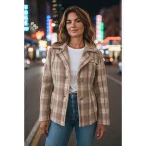 Vintage Banana Republic Womens Medium Brown Beige Plaid Wool Blend Pea Coat